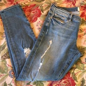 FRAME Size 28 (30) “Le Garçon Jean” Stretch Skinny Jean Distressed Med Blue Soft